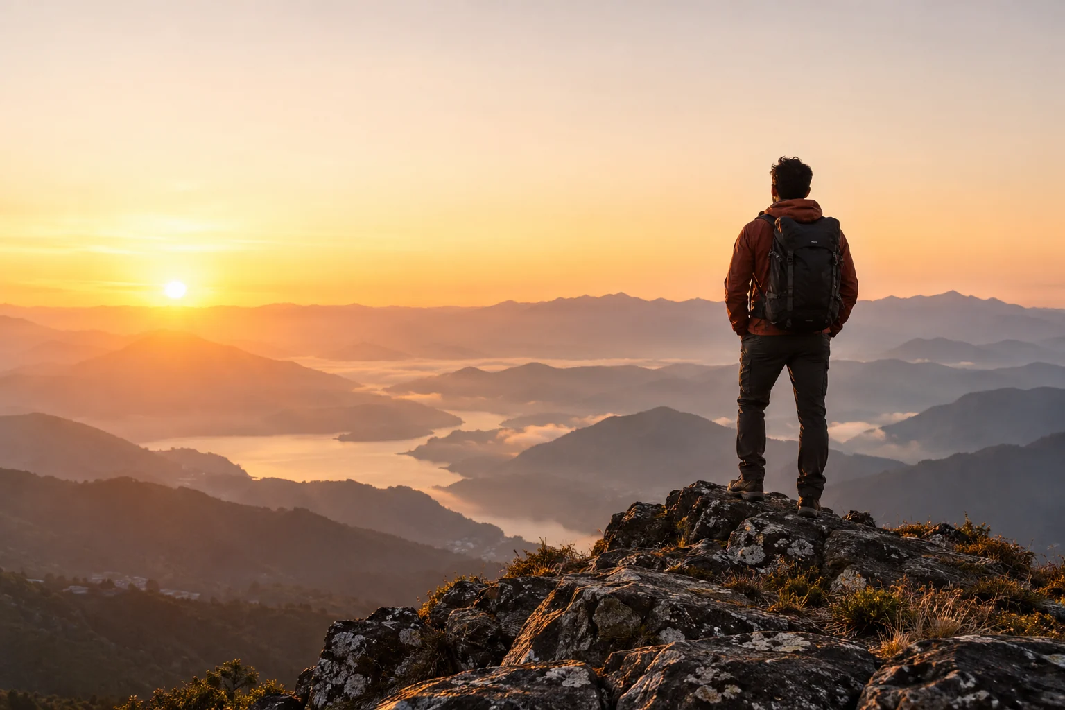 A leader standing on a mountain summit at sunrise