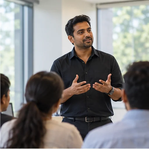 Facilitator speaking to a group of professionals