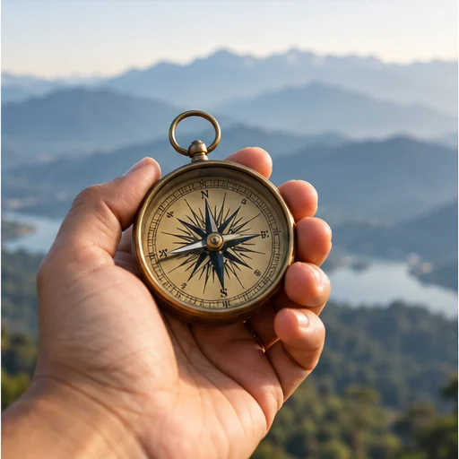 Compass held against a mountain landscape