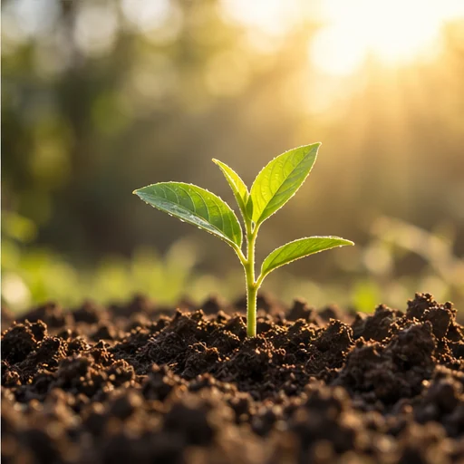 Young seedling growing in warm sunlight